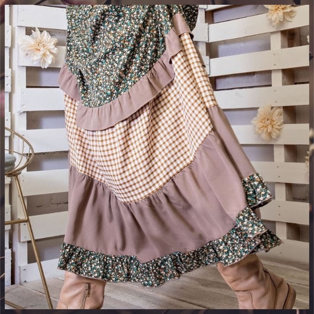EASEL "Mix & Match" Gingham & Floral Print Ruffle Trim Tiered Maxi Skirt & Dress - Picture 16 of 16